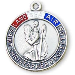 Sterling Silver United States Land-Sea-Air St Christopher Medal and 24-inch Chain