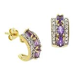 Vermeil (24k Gold over Sterling Silver) Genuine Amethyst Diamond Accent Stone Oval Prong Half Hoop Earrings