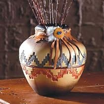 Southwestern Pottery: Geometric Pattern Southwest Ceramic Vase with Leather & Bead Trim - Aspen Country Store