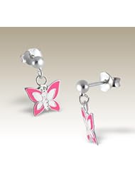 Butterfly Earrings, Silver Ear Studs with Hanging Butterfly, Children Silver Earrings, Sterling Silver 925, (E4746)