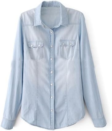 WantDo Women's Casual Washed Denim Blouse(Light Blue,Small)