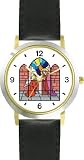 Virgin Mary and Angel Gabriel (Stained Glass) Christian Theme - WATCHBUDDY&reg; DELUXE TWO-TONE THEME WATCH - Arabic Numbers - Black Leather Strap-Women's Size-Small