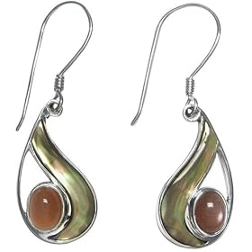 Sterling Silver Peach Moonstone and Elegant Shell Dangle Earrings by Sajen by Moonstone Birthstones