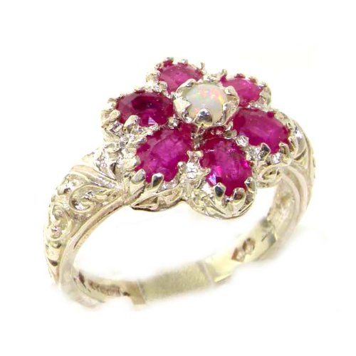 Click To Solid English Sterling Silver Womens Fiery Opal & Ruby Art Nouveau Flower Ring - Finger Sizes 5 to 12 Available Details... Solid English Sterling Silver Womens Fiery Opal & Ruby Art Nouveau Flower Ring - Finger Sizes 5 to 12 Available
