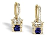 14K Yellow Gold Square Created Sapphire and Diamond Lever Back Earrings