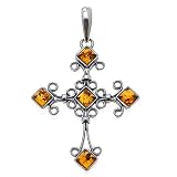 Certified Genuine Honey Amber and Sterling Silver Gothic Cross Pendant