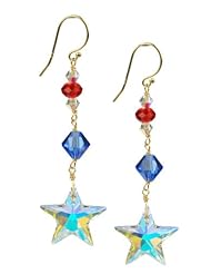 Swarovski Elements Crystal AB Star, Blue Bicone and Red Rondelle Bead Drop Earrings on Gold Plated Sterling Silver Earwire