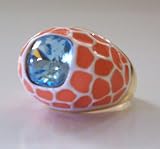 Kenneth Jay Lane White Orange Coral Enamel Dome Ring w Aqua Center Stone