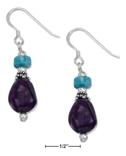 STERLING SILVER POLISHED NUGGET AMETHYST EARRINGS WITH TURQUOISE ON FRENCH WIRES