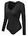 Doublju Womens Long Sleeve V-Neck Rayon & RibbedKnit Bodysuit (Made In USA)
