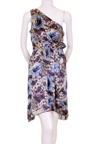 Crown Of Hearts Single Shoulder Smocked Waistline Back Tie Side Zipper Gold Floral Print Asymmetric Dress Blue Medium