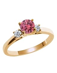 0.63 Ct Round Pink and White Diamond 18K Yellow Gold Ring