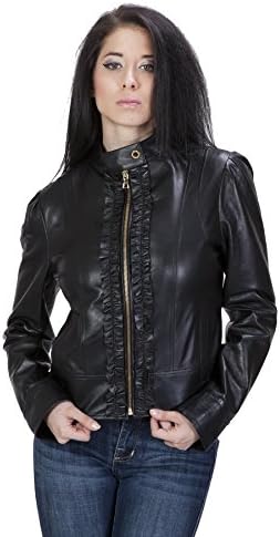 United Face Womens Ruffle front Lambskin Leather Scuba Jacket, Black, Medium