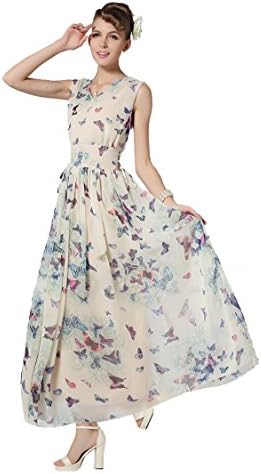 Laryana Women's Chiffon V Neck Butterflies Printed Fitted Flared Beach Dress Beige US 6-8(Asian M)