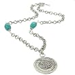 Round Om (Ohm) Pendant on a Hand Stamped Karen Hill Tribe Silver Chain with Turquoise Accent Beads, 15" Length, #7820