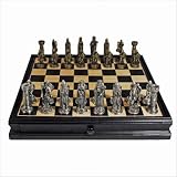 Pewter Medieval Chess & Checkers Set with a 15 inch Camphor Wood Board with Storage Drawer, By Wood Expressions