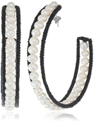 Black Leather 4-5mm White Potato Freshwater Cultured Pearl Hoop Earrings