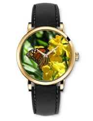 SPRAWL Aanalog Fashion Series Gold Ladies Watches of Genuine Black Leather Strap,Unique Wrist Watch for Women Girls Designed with Butterfly on yellow flower