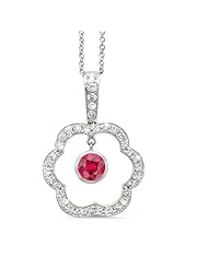 Open Carnation Floral Diamond Pendant With A Round Center Stone In 18K White Gold With A 0.58 ct. Genuine Ruby Center Stone.