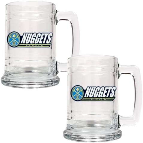 Great American Products NBA Denver Nuggets Team Logo 2pc Glass Tankard Set Gameroom Decor 15oz Glass Clear