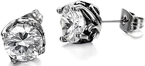 LUNA Stainless Steel Womens White Cubic Zirconia Screw Back Stud Earrings 8mm