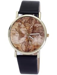 Vogue Elegant World Map Pattern Bracelet Wrist Watches Women Casual PU Leather Black
