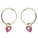 14K Gold Hoop Earrings with Pink Cubic Zirconia Heart Dangles
