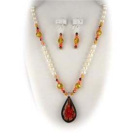 Murano Glass Orange Flower Pendant Freshwater Pearls Sterling Silver Necklace Earrings 1304