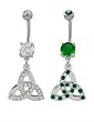 DANGLING TRIQUETRA TRIANGLE BELLY PIERCING RING WITH GEMS BNACLT11GR- GREEN