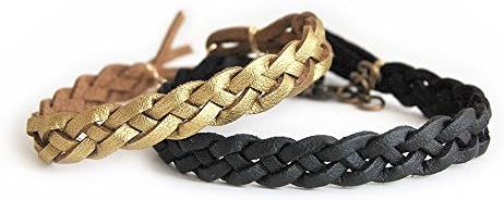 Artificial leather couple bracelet set, braided bracelets in gold-tone and black, 2 pieces