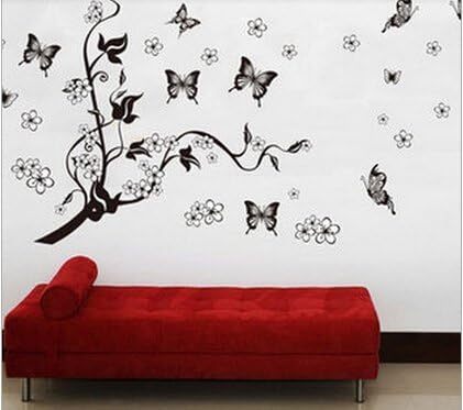 Worldview Home Removable Recycling Wall Sticker (Black Tree Black Butterfly with White Flowers)