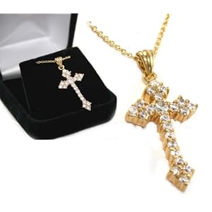 Beautiful 24k Gold Layered GL Cubic Zirconia CZ Fleur Pointed Cross Charm with 18 Necklace chain...