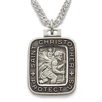 Sterling Silver 3/4 Rectangle Engraved St. Christopher Medal on 20 Chain