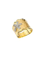 14K Yellow Gold Hand-Crafted Matte and Hammer-Finish Cuff Ring, Accented with a Pave Set Diamond Flower. (Color-GH, Clarity-SI1-SI2, 0.30 TCW)