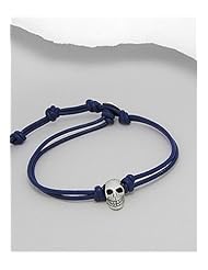 Blue Skull Leather Bracelet In 92.5 Sterling Silver