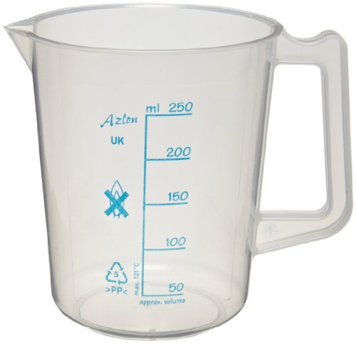 Azlon 526475-0250 250m L Intermediate Form Polypropylene Graduated Beaker /  Lab Pitcher With Handle, Printed Graduations