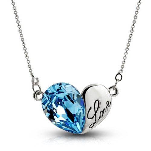MagicPieces Loving Heart Shape Pendant Rhinestone Necklace Swarovski Element Carved Love Word Color Blue