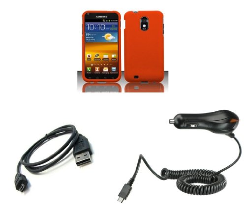 Samsung Galaxy S II Epic 4G Touch (Sprint) Premium Combo Pack - Halloween Orange Rubberized Shield Hard Case Cover + Atom LED Keychain Light + Micro USB Data Cable + Car Charger
