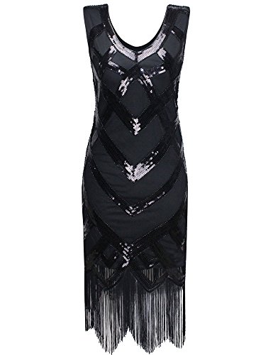 PrettyGuide Women's 1920's Vintage Beads Sequin Crisscross Fringe Hem Flapper Dress S Black