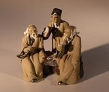 Unglazed Miniature Mud Figurine.Three Men Sitting at Chess Table