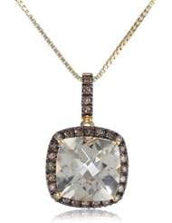 Sterling Silver with Yellow Gold Plated Green Amethyst and Champagne Diamond Cushion Pendant Necklace, 18"