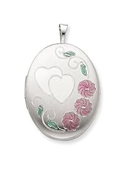 Genuine .925 Sterling Silver 20mm Enameled, D/C Floral & Heart Oval Locket. 100% Satisfaction Guaranteed.