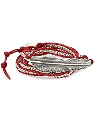 M.Cohen Handmade Designs Silver Feather and Silver Beads On Red Triple Wrap Bracelet