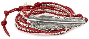 M.Cohen Handmade Designs Silver Feather and Silver Beads On Red Triple Wrap Bracelet