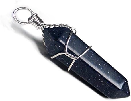 Silver Wire Wrap Artificial Crystal Healing Point Pendant Chakra Cut Gemstone Jewelry for Necklace Making 37*8mm (Blue Sand Stone)