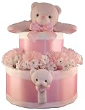 Pink Bear 2 Tier Diaper Cake w/ Pampers Swaddlers, Small Lovie Blanket & Wrist Rattle, and Precious Cargo Baby Apparel and Accessories