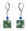 Earrings - E391 - Millefiore Squares + Swarovski (tm) Crystal Beads ~ Clear with Green-Blue Flowers