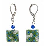 Earrings - E391 - Millefiore Squares + Swarovski (tm) Crystal Beads ~ Clear with Green-Blue Flowers
