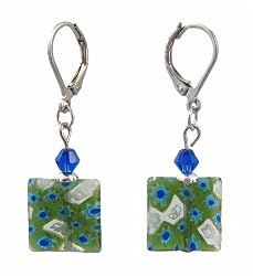 Earrings - E391 - Millefiore Squares + Swarovski (tm) Crystal Beads ~ Clear with Green-Blue Flowers
