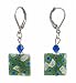 Earrings - E391 - Millefiore Squares + Swarovski (tm) Crystal Beads ~ Clear with Green-Blue Flowers